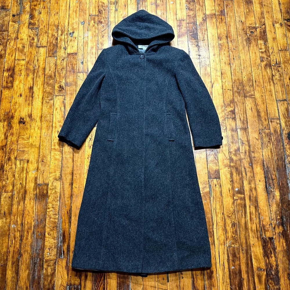 Larry Levine Long Coat Women's Size 6 Black Wool Long Sleeve Hooded Asymmetrical